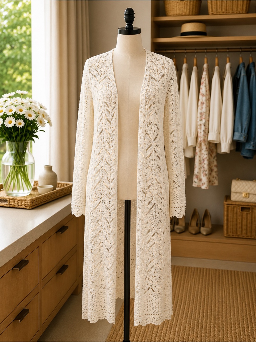 Freshman Cream Open Knit Duster Cardigan – Size Small
